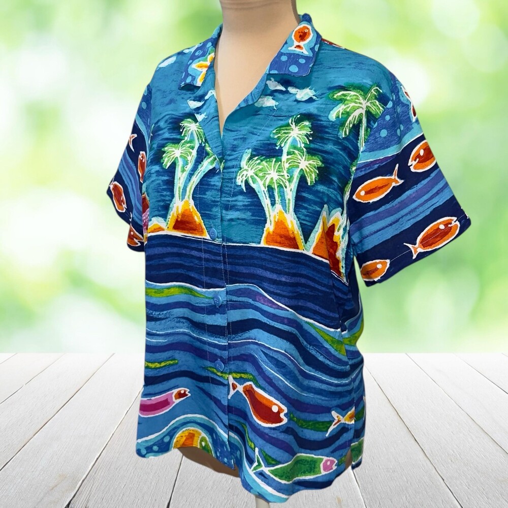 Vintage 90s JAMS WORLD Hawaiian Shirt Island Fish Art Blue Button Front Sz M USA